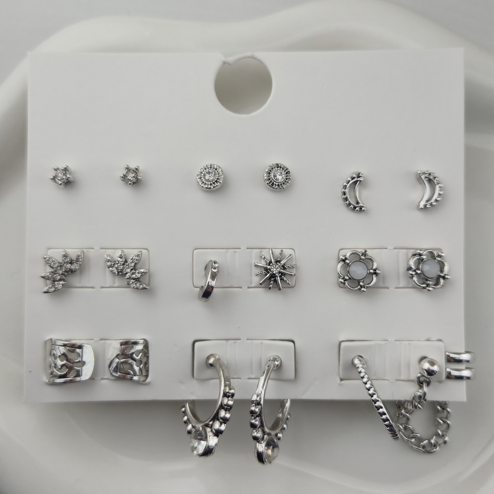 Silver Tone Earring Set | Multi Pair Studs Hoops & Ear Cuffs | Minimal Celestial